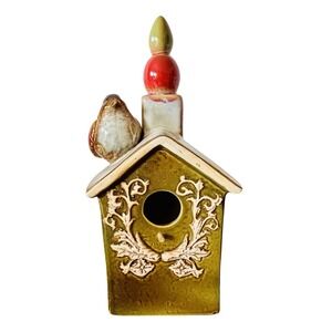 Vintage Style Glazed Ceramic Birdhouse Figurine‎ Olive Green Bird Decor 11.5"